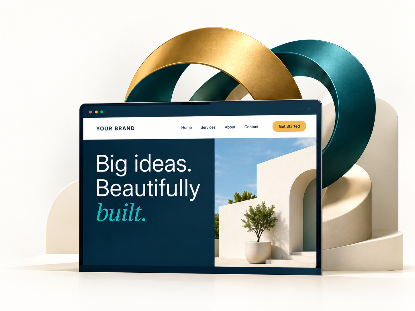 Gold and teal sculpture surrounding an illustrative YOUR BRAND website